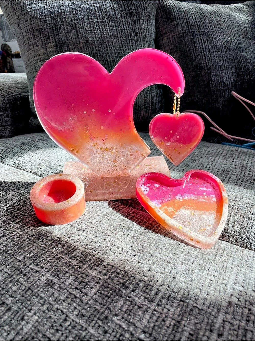 Pink & Orange Heart Resin Sculpture